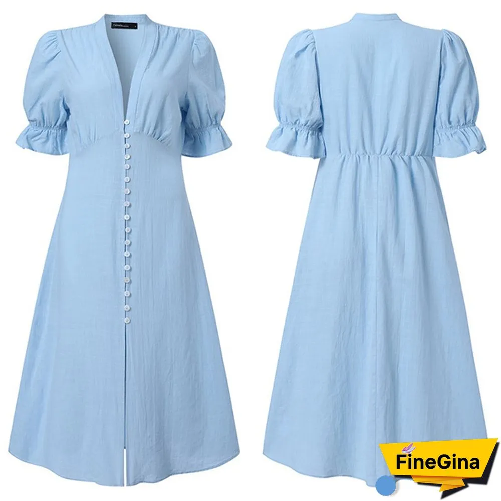 Womens Puff Short Sleeve Maxi Dress Summer Vestidos Cotton Linen V Neck Buttons Party Casual A Line Long Dress Plus Size