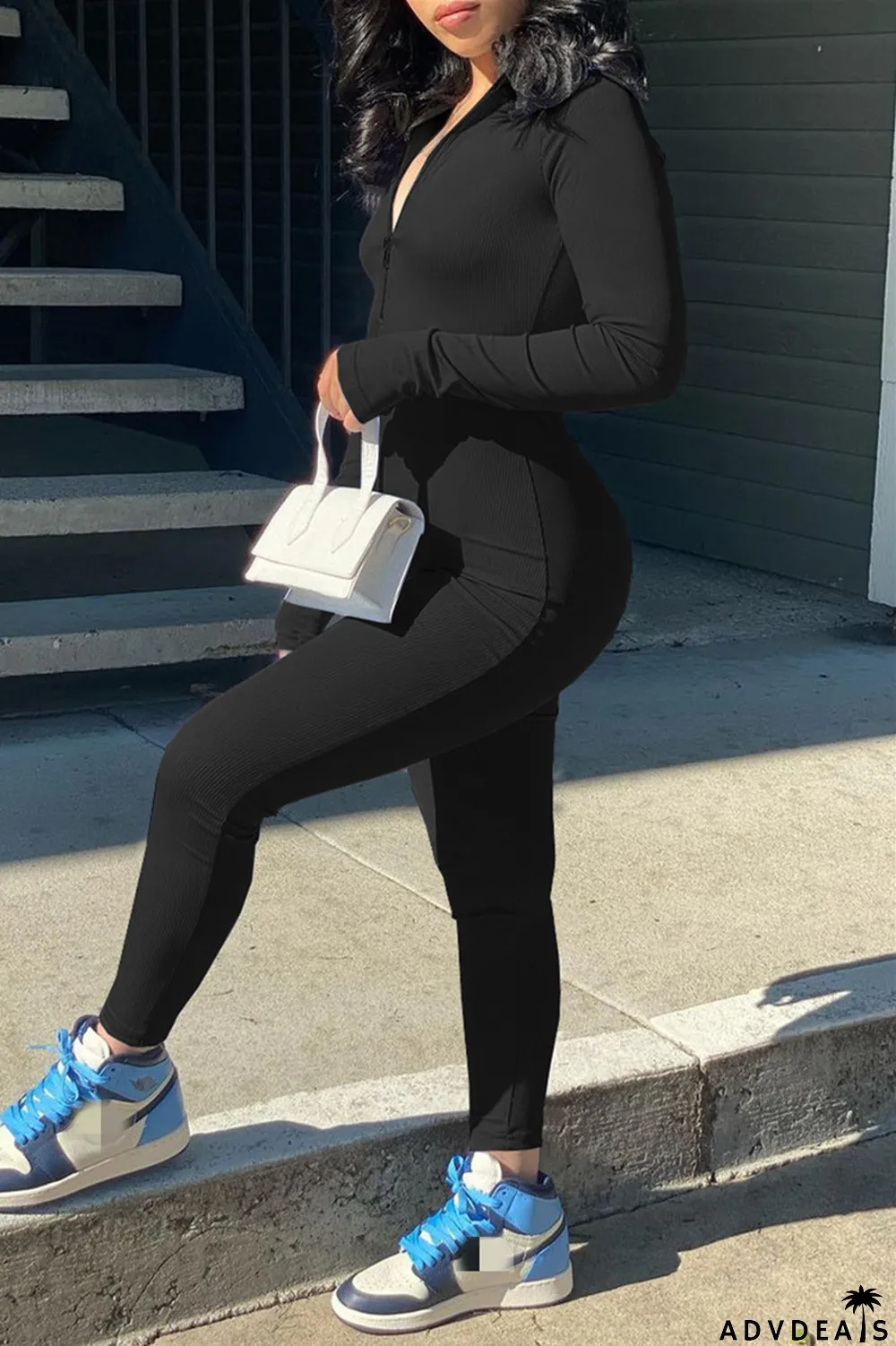 Light Blue Fashion Casual Solid Basic Zipper Collar Skinny Jumpsuits