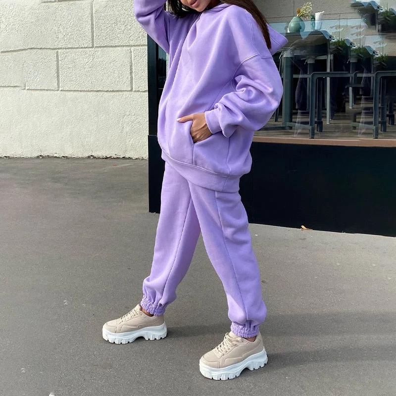 Oversize Heart Printed Fleece Women's Tracksuit Hoodies 2 Piece Set Sweatshirt + Pants Women Sport Suit Winter Sportswear
