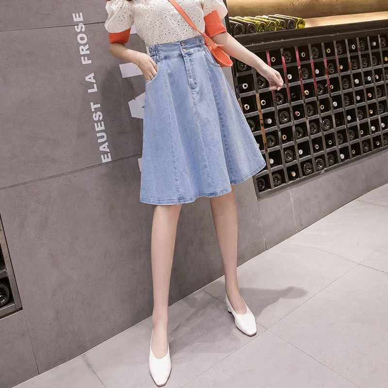 Qooth Women&#39;s 2022 Spring Summer New Korean Denim Skirt Knee Length High Waist A-line Pleated Tutu Skort Fashion Skirt QT1572