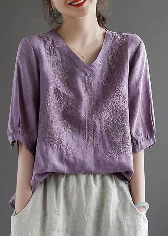 Purple V Neck Floral Embroideried T Shirt Half Sleeve