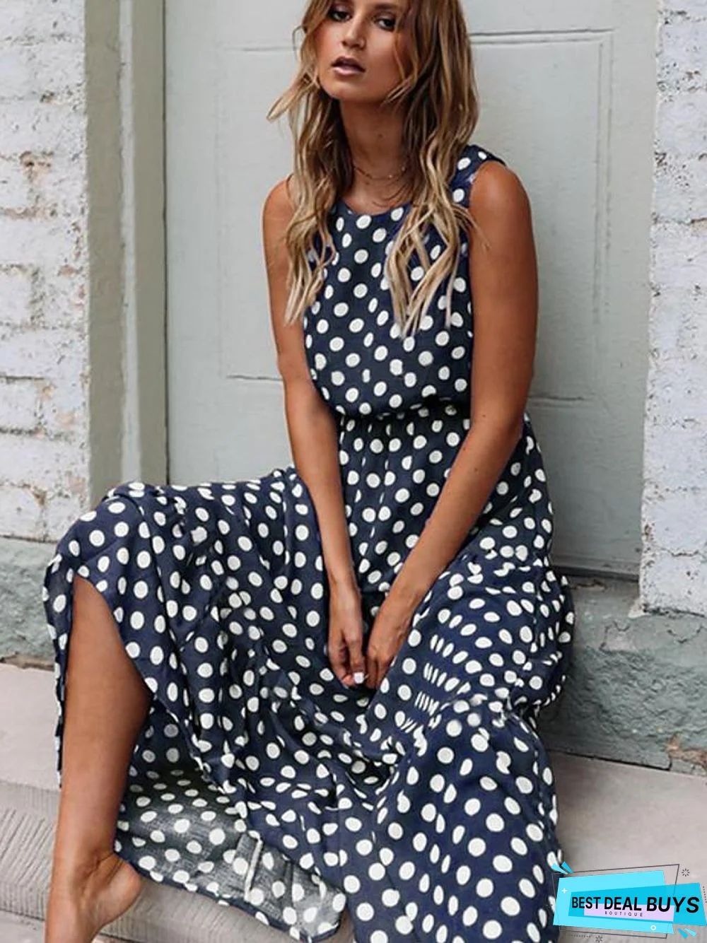 Women's Swing Dress Maxi Long Dress - Sleeveless Polka Dot Spring & Summer Hot Elegant Slim Black Yellow Navy Blue Khaki Green Black Dresses
