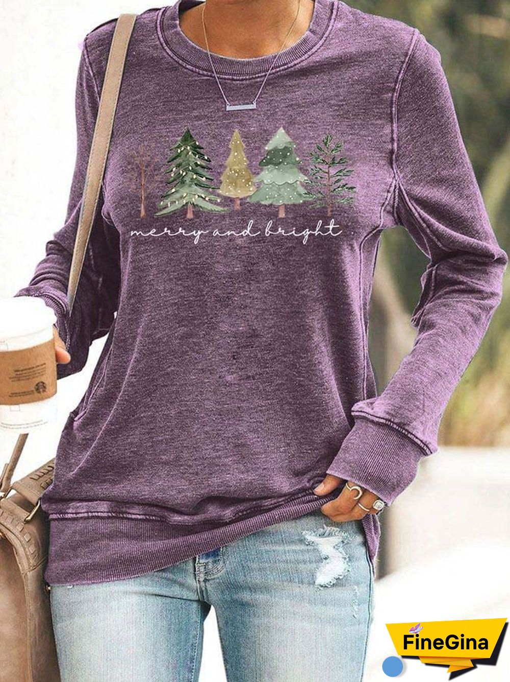 Women's Casual Merry And Bright Printed Long Sleeve Sweatshirt