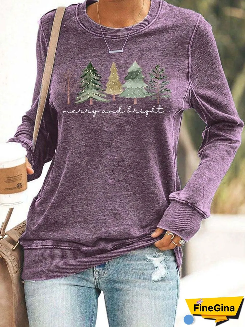 Women's Casual Merry And Bright Printed Long Sleeve Sweatshirt