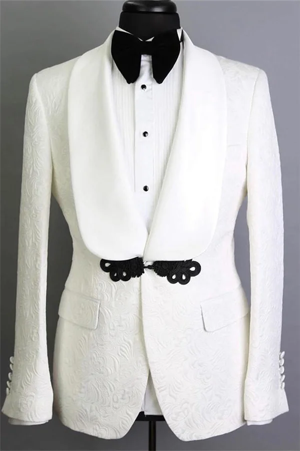 Miabel Handsome White Shawl Lapel Jacquard Fashion Reception Suit For Groom With Two Pieces