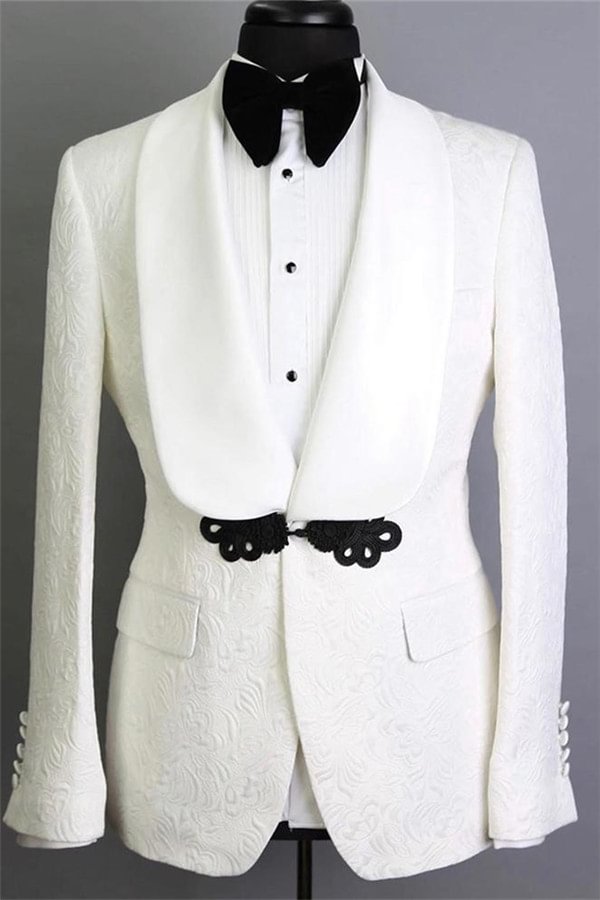 Handsome Jacquard Groom Suits White Shawl Lapel Slim Fit Tuxedos for Wedding 2 Pieces | Ballbellas Ballbellas