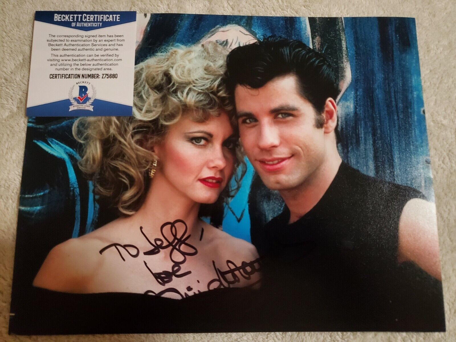 OLIVIA NEWTON-JOHN SIGNED AUTOGRAPHED GREASE Photo Poster painting TO JEFF BAS BECKETT COA