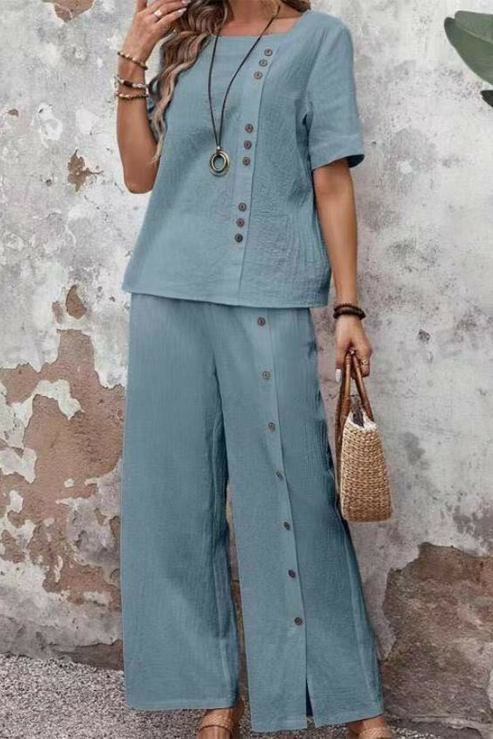 Plus Size Casual Haze Blue Cotton And Linen Button Wide Leg Two Piece Pant Suit 2024 - Flycurvy 