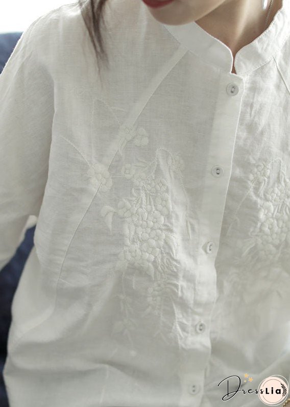 Handmade White Stand Collar Embroideried Cotton Shirts Spring