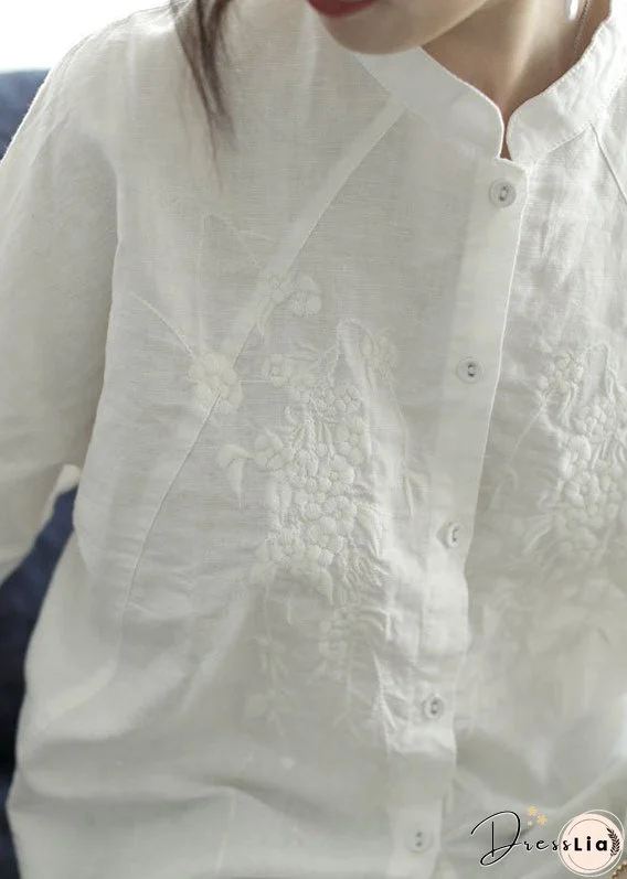 Handmade White Stand Collar Embroideried Cotton Shirts Spring