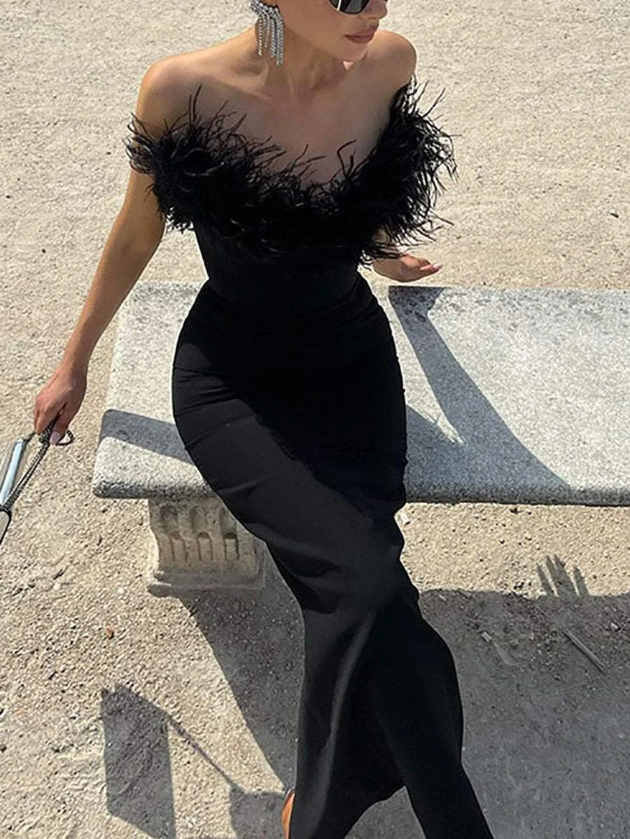 Strapless Feather Midi Dress