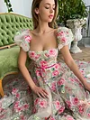 Ivory Floral Appliqu&eacute; Pink Rose Flowers High Leg Split Sexy Floor Length Maxi Square Neckline Corset Short Puff Sleeve Cottagecore Whimsical Ethereal Fairy Enchanted