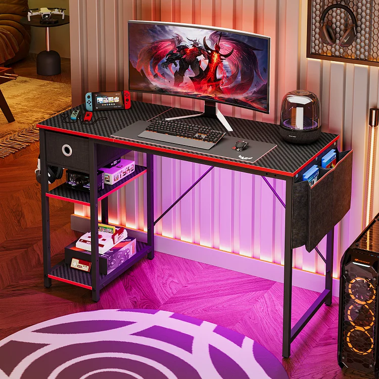 Bestier 47 inch Gaming Desk with LED Lights Computer Desk with Drawer & Storage Shelves