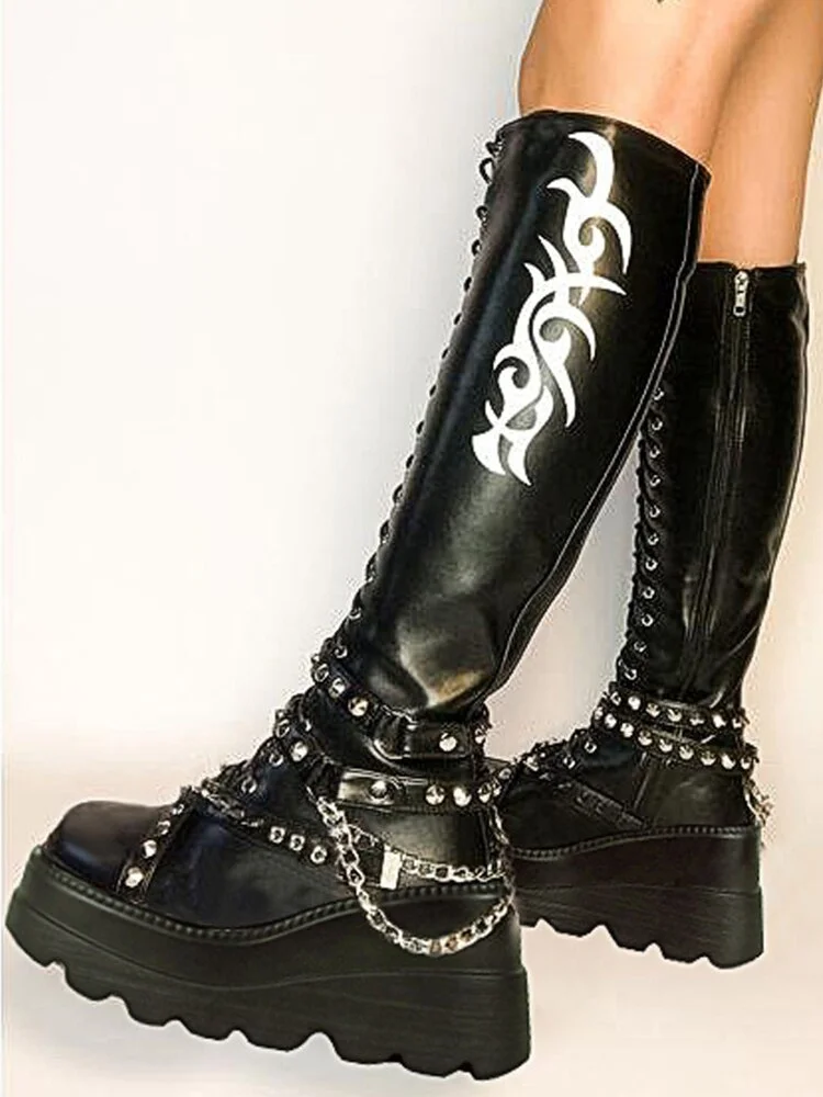 Qengg Platform Flame Zipper Gothic Wedges women's Boots Cool Street Punk Chunky Black Rivet Rock Motorcycle Autumn Shoes Woman