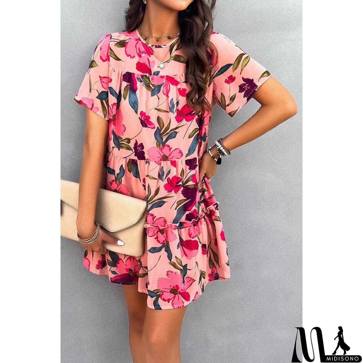 MidiSono - Knot Back Floral Lined Ruffle Loose Dress