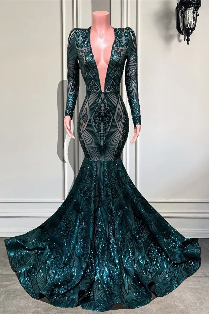Miabel Mermaid Emerald V-Neck Long Sleeves Sequins Lace Prom Dress