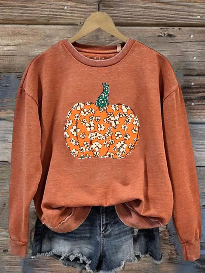Retro Pumpkin Season Print Round Neck Sweatshirt