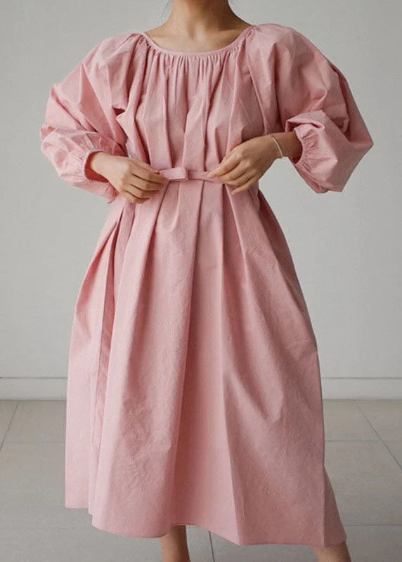 Pink Cotton O-Neck wrinkled Maxi Dress Three Quarter sleeve