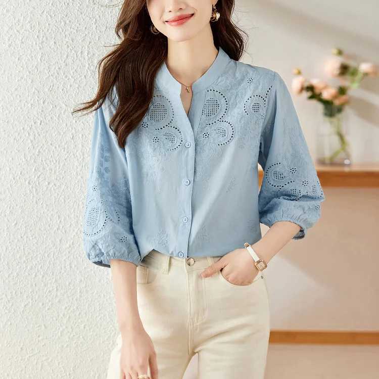 Women's Elegant Shirt 100% Cotton V-neck Embroidered Hollow Out Shirt