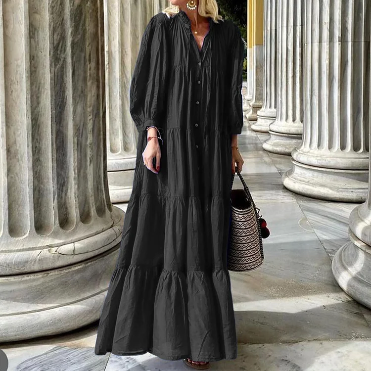 Women's Boho Dress Single Breasted Ruffle Maxi Dress Cotton Linen Dress
