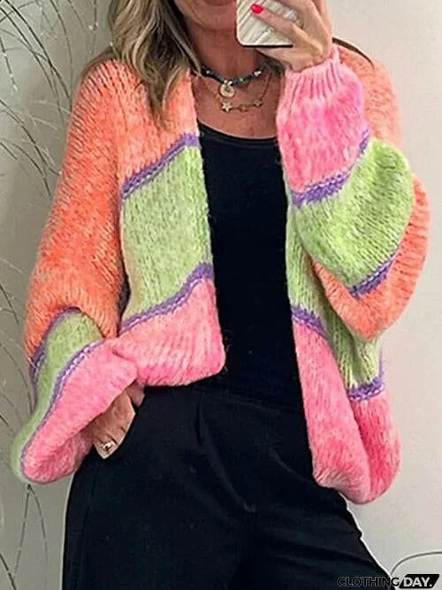 Striped Open Front Long Sleeve Cardigan
