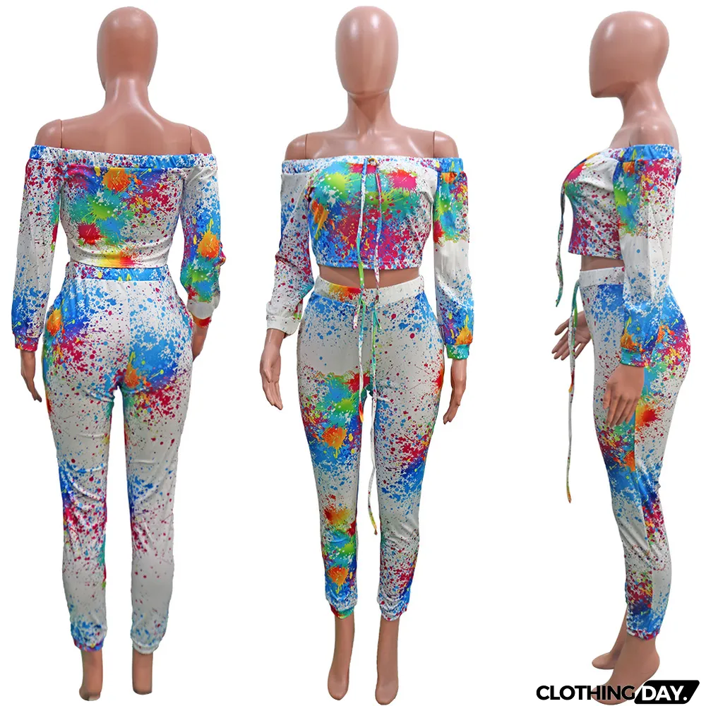 Casual Printed Off Shoulder Long Sleeve 2 Piece Suits