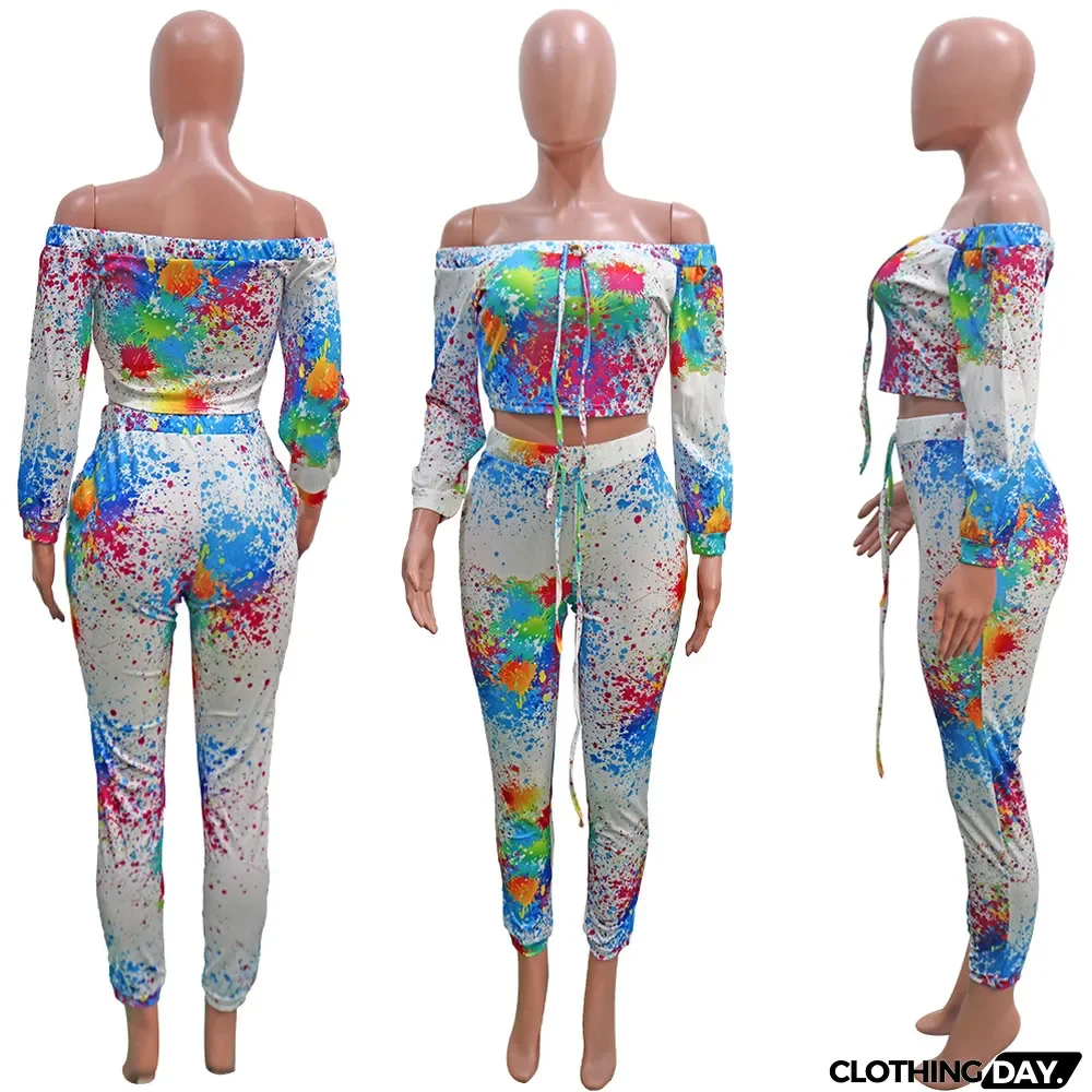 Casual Printed Off Shoulder Long Sleeve 2 Piece Suits