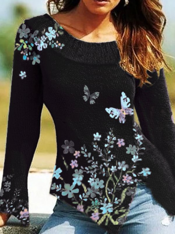 Casual vintage printed warm knit top