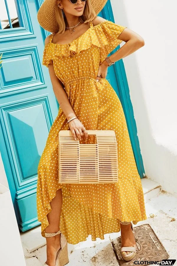 Dot Ruffles Off Shoulder Irregularity Maxi Dress
