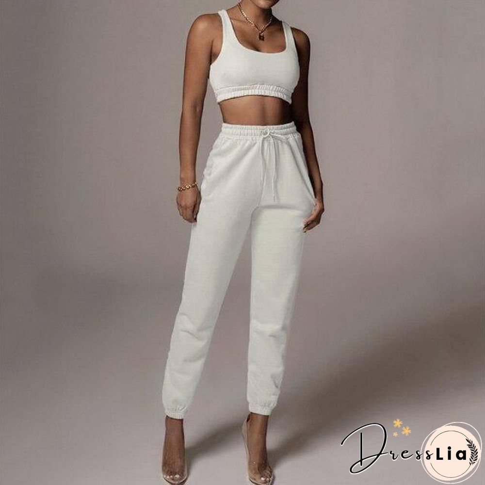 2 Piece Women Sports Casual Set Sweatshirt Crop Tops Pocket Sweatpants Baggy Pants Tracksuit Streetwear Joggers Summer Outfits