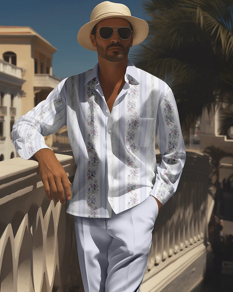Men's Retro Printed Long Sleeve Shirt Walking Suit 1503