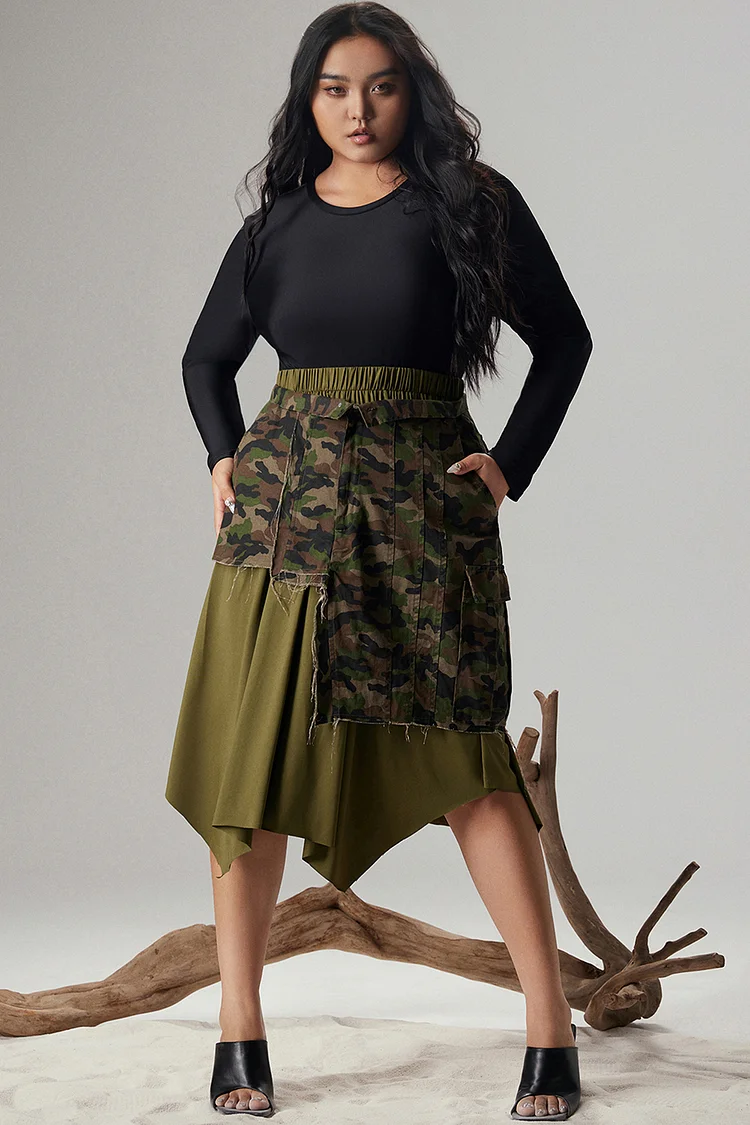 Xpluswear Design Plus Size Daily Skirt Army Green Denim Camouflage Asymmetrical Hem Raw Edge Skirt[Pre-Order]