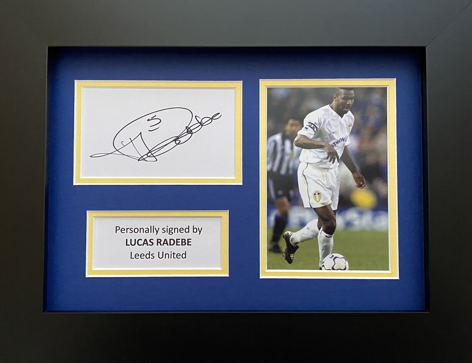 Lucas Radebe Hand Signed White Card In A4 Leeds United Frame Display, See Proof