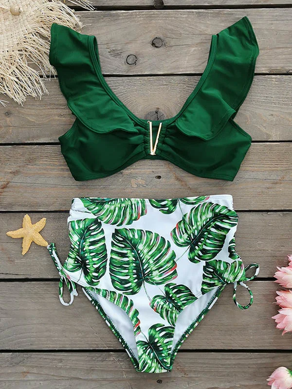 Leaf-Print High-Waist Falbala Bikini Swimwear 