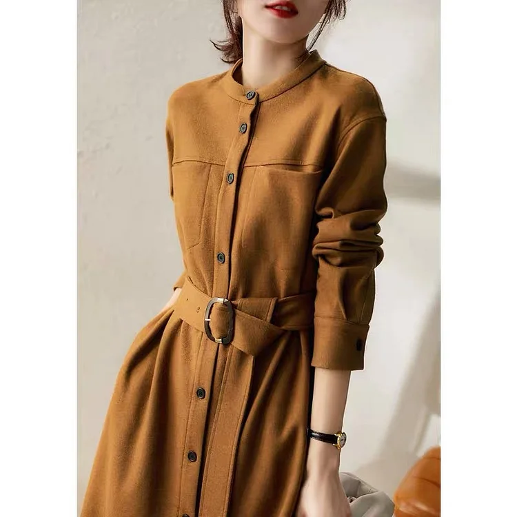 Classic Splicing Long Sleeve Round Neck Wool Midi Dress - yankia