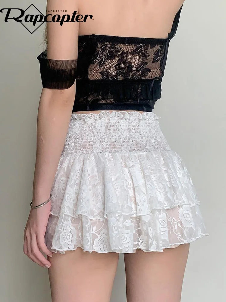Rapcopter y2k Floral Lace Pleated Skirts White Ruched Elastic High Waist Retro Cute Sweet Mini Skirts Women Fairycore Party 2022