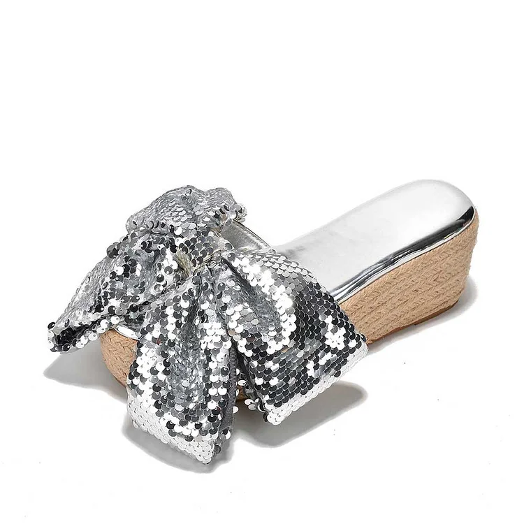 Silver Sequin Bow Slide Shoes Platform Wedge Espadrille Sandals |FSJ Shoes