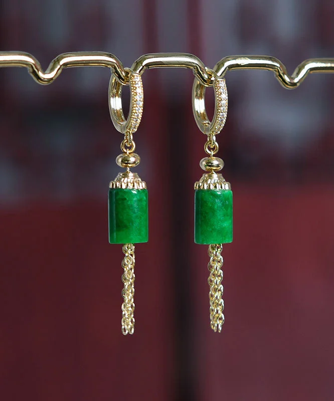Women Gold Sterling Silver Inlaid Jade Tassel Drop Earrings