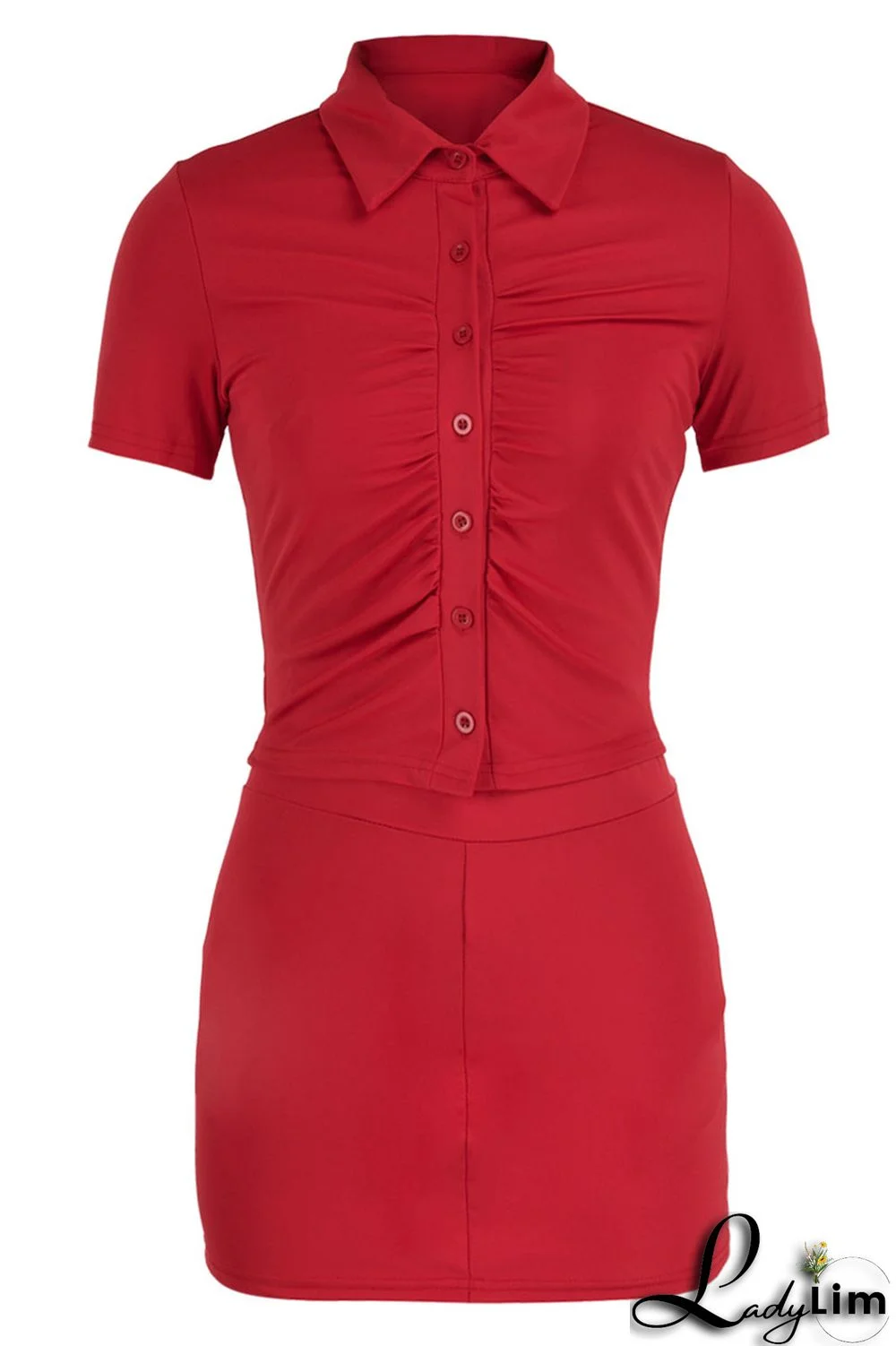 Red Sexy Solid Split Joint Buckle Turndown Collar Short Sleeve Two Pieces