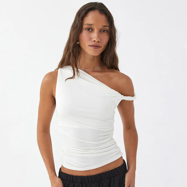 Simple Basic Casual Summer Tank Top Sleeveless Solid Color Off Shoulder Side Ruched Crop Tops Vestidos Spring Women T S – Sleeveless Solid Color Off Shoulder Crop Top