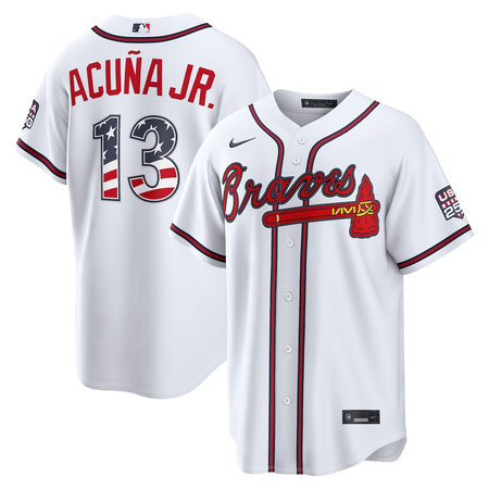 Youth Atlanta Braves #13 Ronald Acuna Jr. Nike White USA 250 Fourth of July Home Stadium Jersey