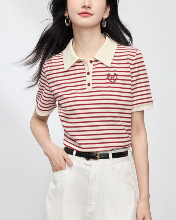 Athvotar Athvotar Striped Embroidery POLO Shirt 2025 Summer New Bing Color Reduction Women's Short-Sleeved T-Shirt