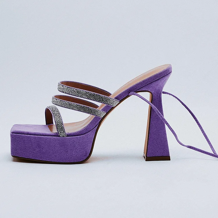 Purple Vegan Suede Platform Heels Square Toe Silver Lace Up Sandals |FSJ Shoes