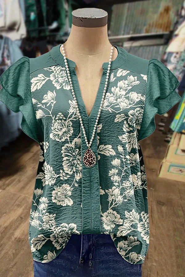 Elegant Floral Print Flutter Sleeve Top