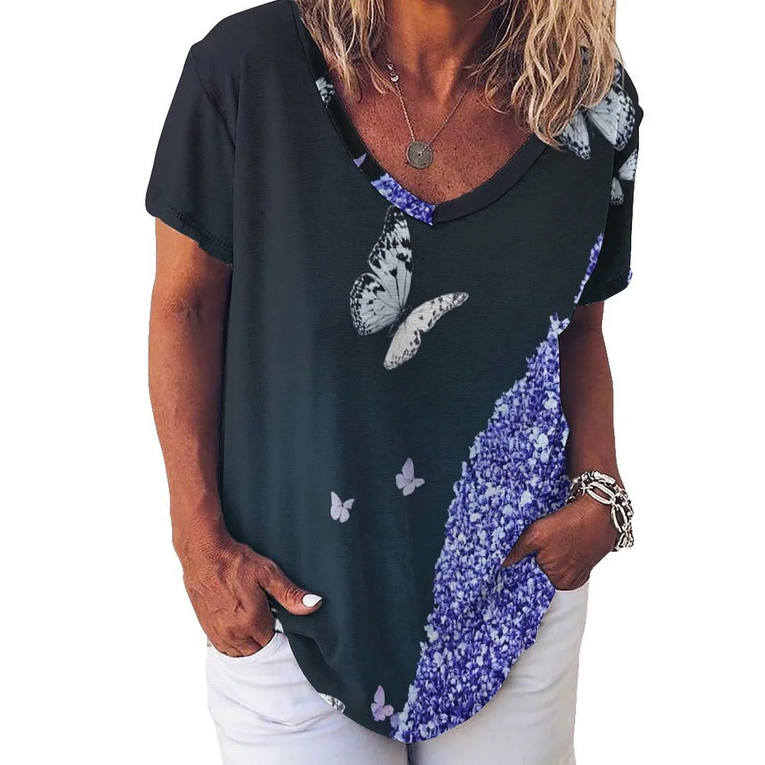 V-neck Short Sleeve Casual T-shirt for  Women Printed with Pattern Purple, Butterfly, Glitter