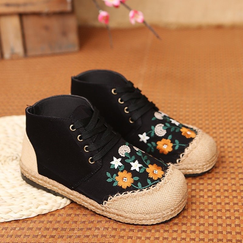 Yyvonne Women Shoes Handmade Vintage Embroidered Flats Booties Shoes High Top Lace Up Canvas Sneakers Linen Casual Leisure Espadrilles