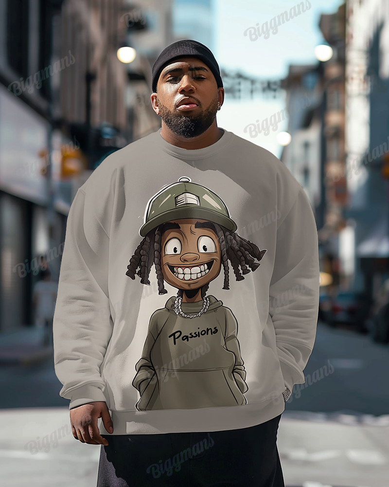 Men's Plus Size Daily Casual Cartoon PASSIONS Letters Crewneck Sweatshirt