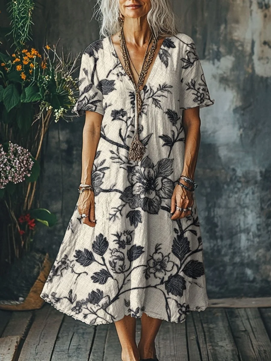 Women's Flowers Art Print Pocket Cotton Dress