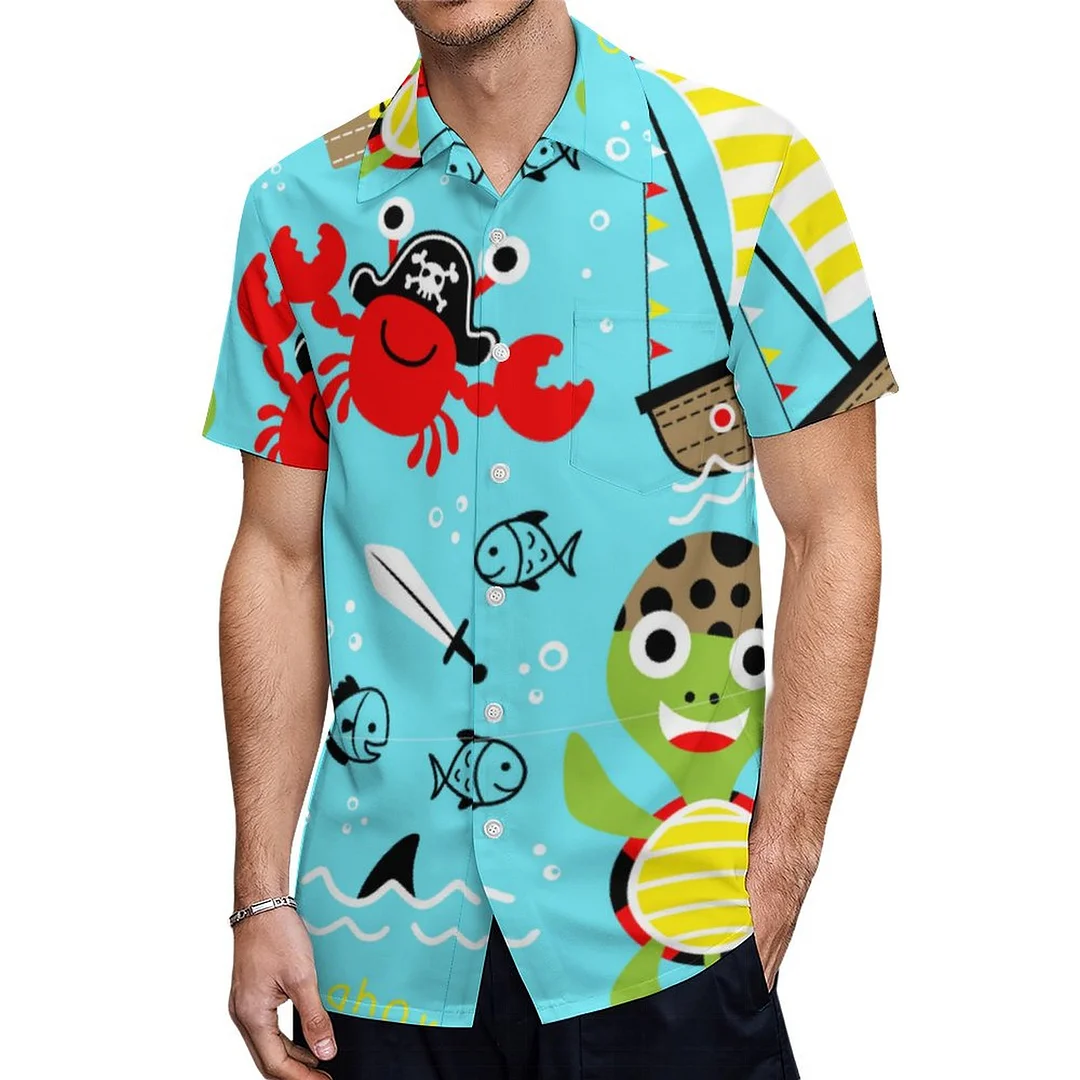 Cartoon Pirate Sea Boat Turtle Kids Hawaiian Shirt Mens Button Down Plus Size Tropical Hawaii Beach Shirts