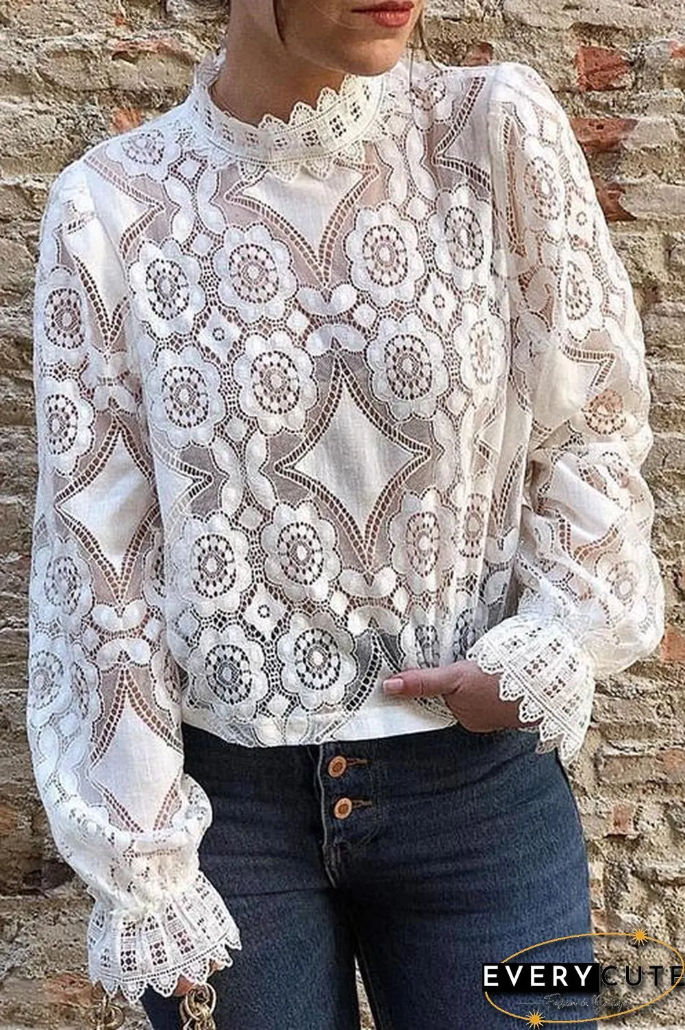Lace Hollow Puff Sleeve T Shirt